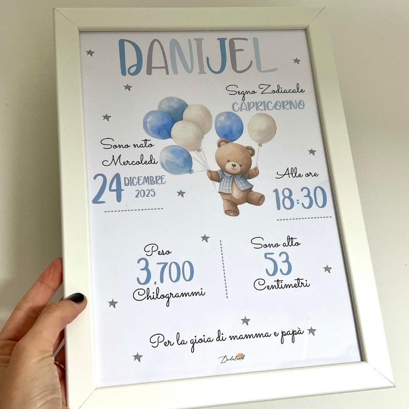 Quadretto Orsetto con palloncini beige e azzurro